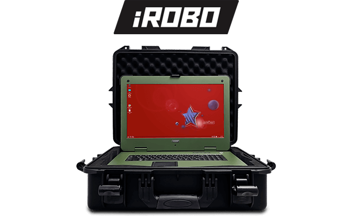 Защищенный ноутбук iROBO-7000-S753 на столе, демонстрирующий прочный корпус с резиновыми элементами