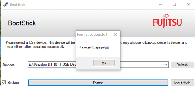 Приложение BootStick показывает сообщение об успешном подтверждении форматирования загрузочной флешки
