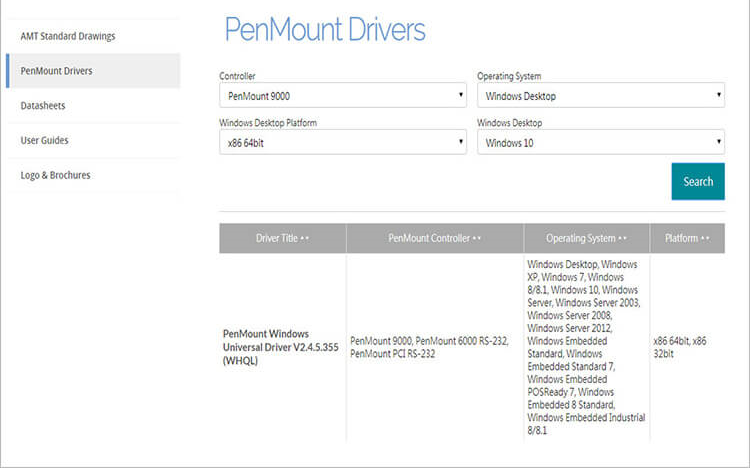 Скриншот раздела с драйверами на сайте AMT PenMount следующий этап