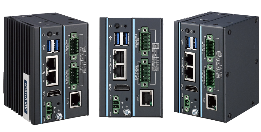 Промышленные компьютеры Advantech UNO-127-E23BA и UNO-127-E22BA с портами для подключения, включая USB, HDMI, Ethernet и интерфейсы для промышленных разъёмов.