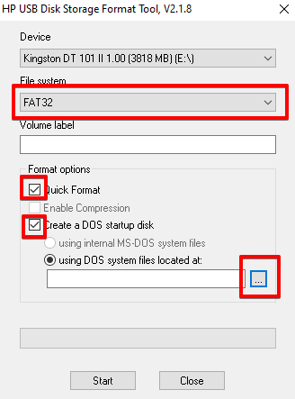 Окно HP USB Disk Storage Format Tool v2.1.8 с выбранной файловой системой FAT32 и опциями. Быстрое форматирование и Создать загрузочную флешку для установки новой версии BIOS