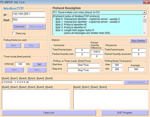 Интерфейс программы Modbus TCP client для работы с протоколом Modbus TCP