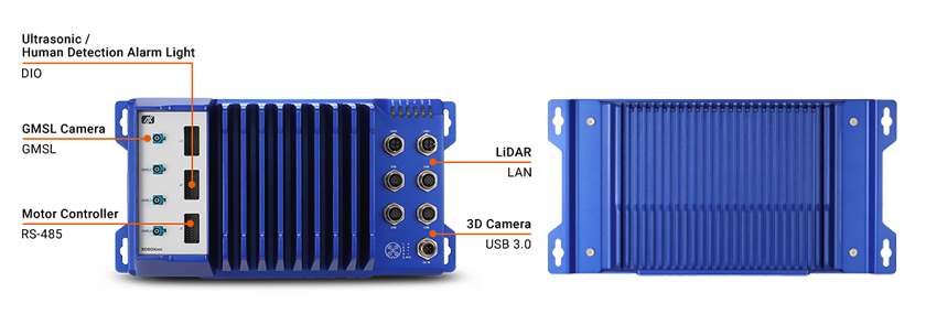 Передний и верхний виды контроллера Axiomtek ROBOX500 с обозначением портов и функций